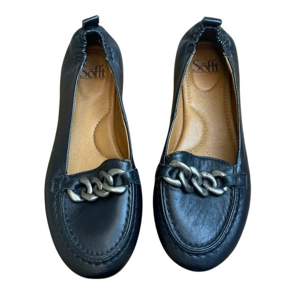 New Sofft Kadyn Black Leather Loafers Silver Chain Size 9 Classic Preppy Office - Picture 1 of 8